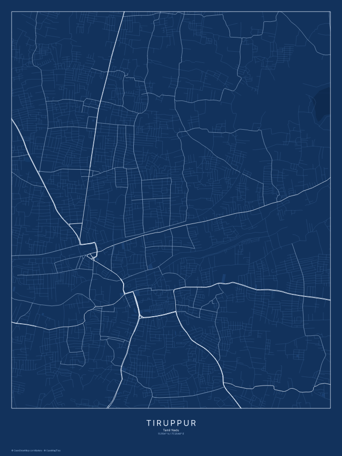 Tiruppur map poster, blueprint style
