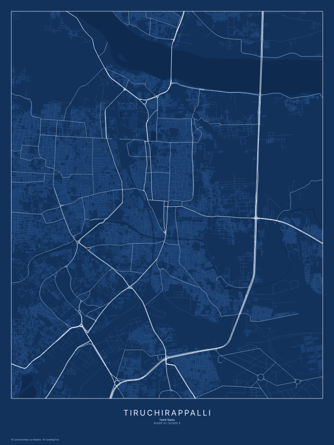 Tiruchirappalli map poster, blueprint style