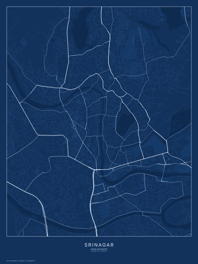 Srinagar map poster, blueprint style