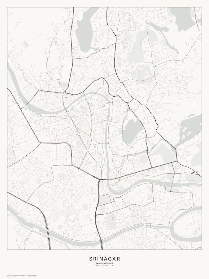Srinagar map poster, classic style