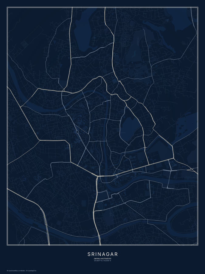 Srinagar map poster, midnight style