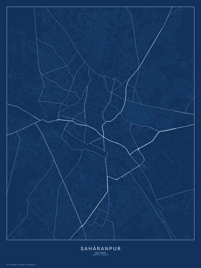 Sahāranpur map poster, blueprint style
