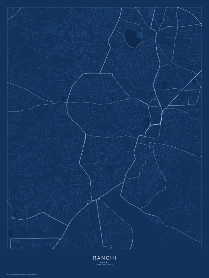 Ranchi map poster, blueprint style