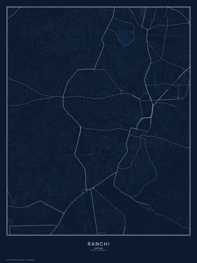 Ranchi map poster, midnight style