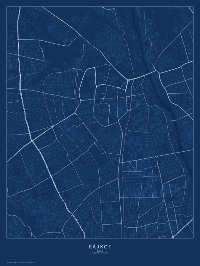 Rājkot map poster, blueprint style