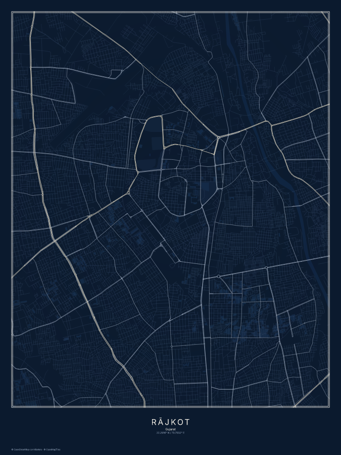 Rājkot map poster, midnight style