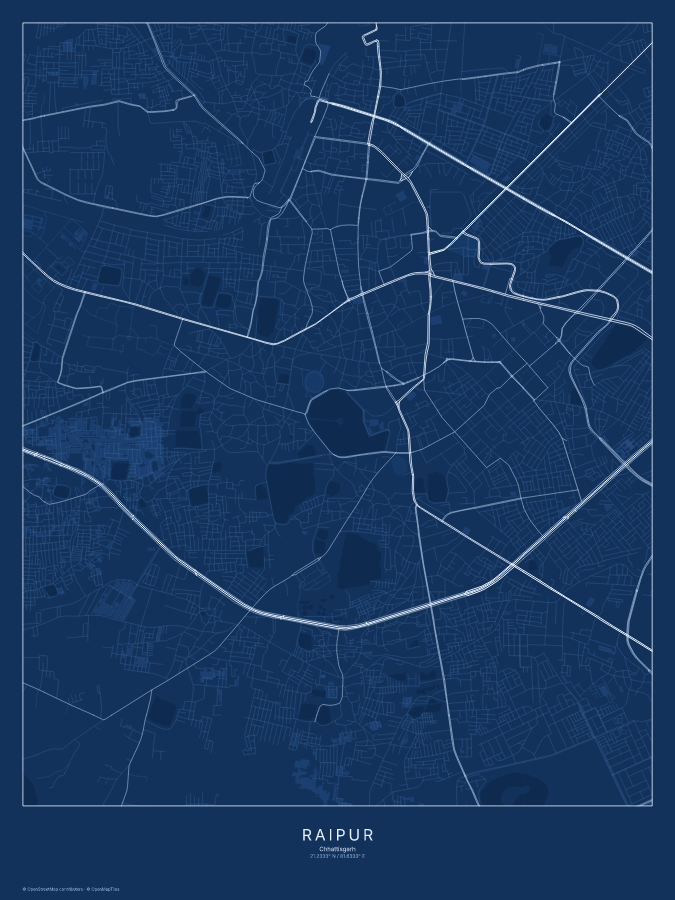 Raipur map poster, blueprint style