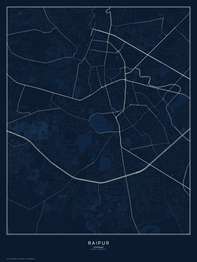 Raipur map poster, midnight style