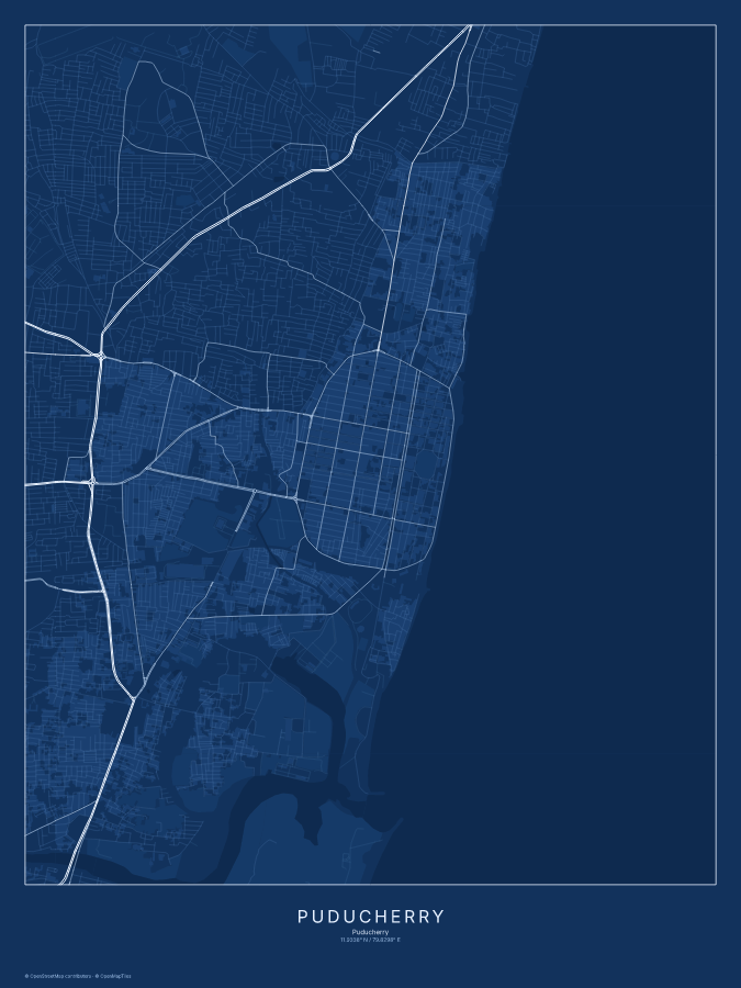 Puducherry map poster, blueprint style
