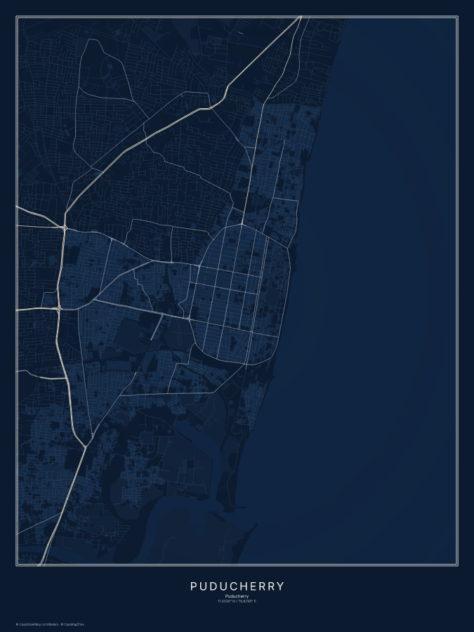 Puducherry map poster, midnight style