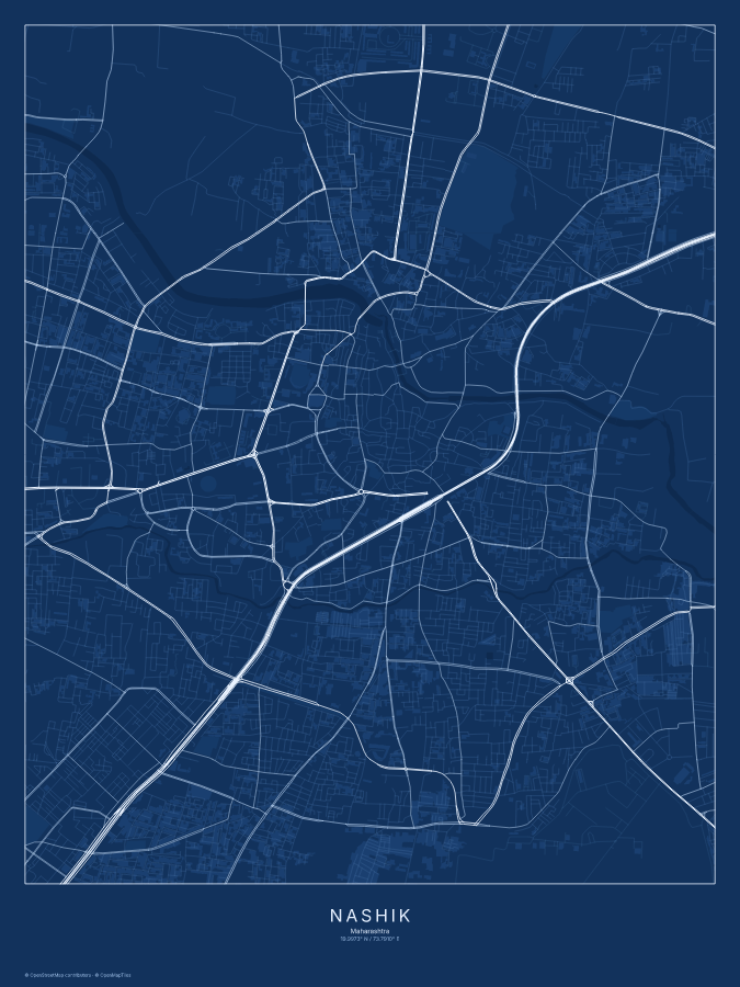 Nashik map poster, blueprint style