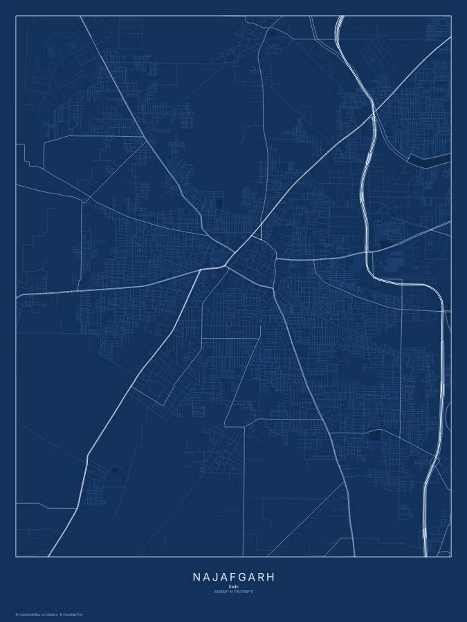 Najafgarh map poster, blueprint style