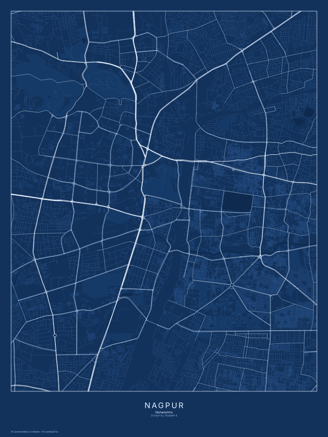 Nagpur map poster, blueprint style