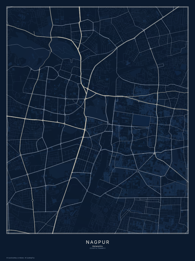Nagpur map poster, midnight style