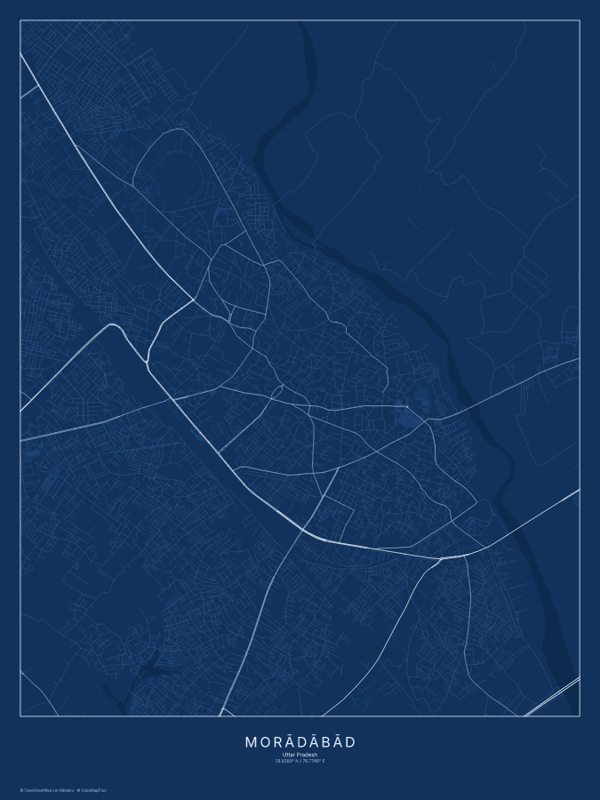 Morādābād map poster, blueprint style