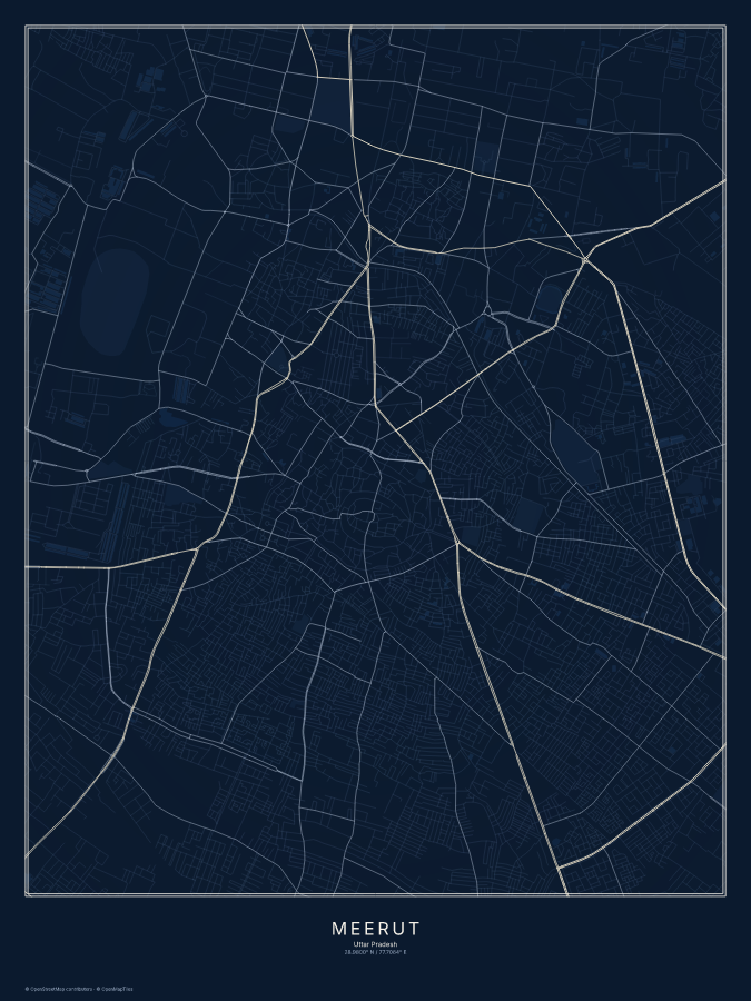 Meerut map poster, midnight style