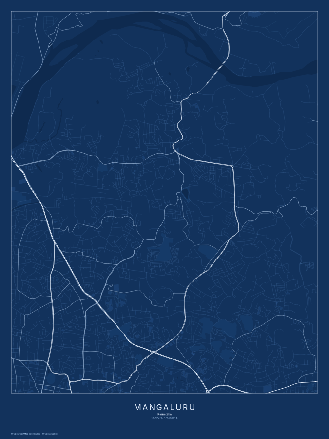 Mangaluru map poster, blueprint style