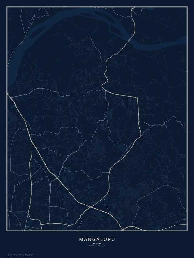 Mangaluru map poster, midnight style