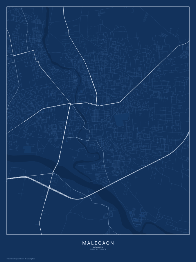 Malegaon map poster, blueprint style