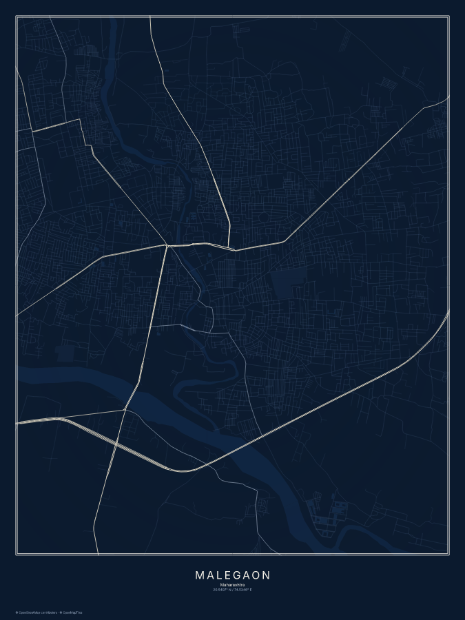 Malegaon map poster, midnight style
