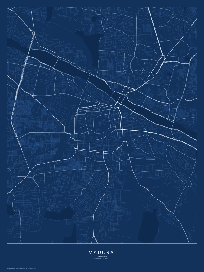 Madurai map poster, blueprint style