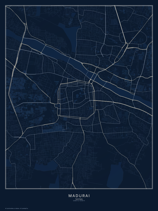 Madurai map poster, midnight style