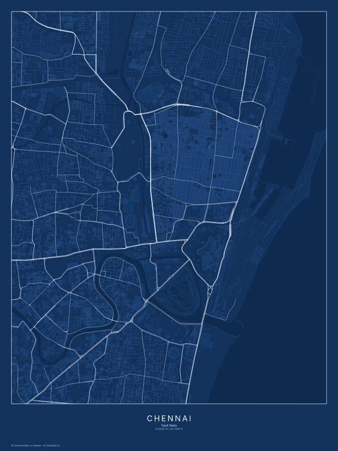 Chennai map poster, blueprint style