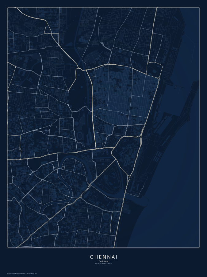 Chennai map poster, midnight style