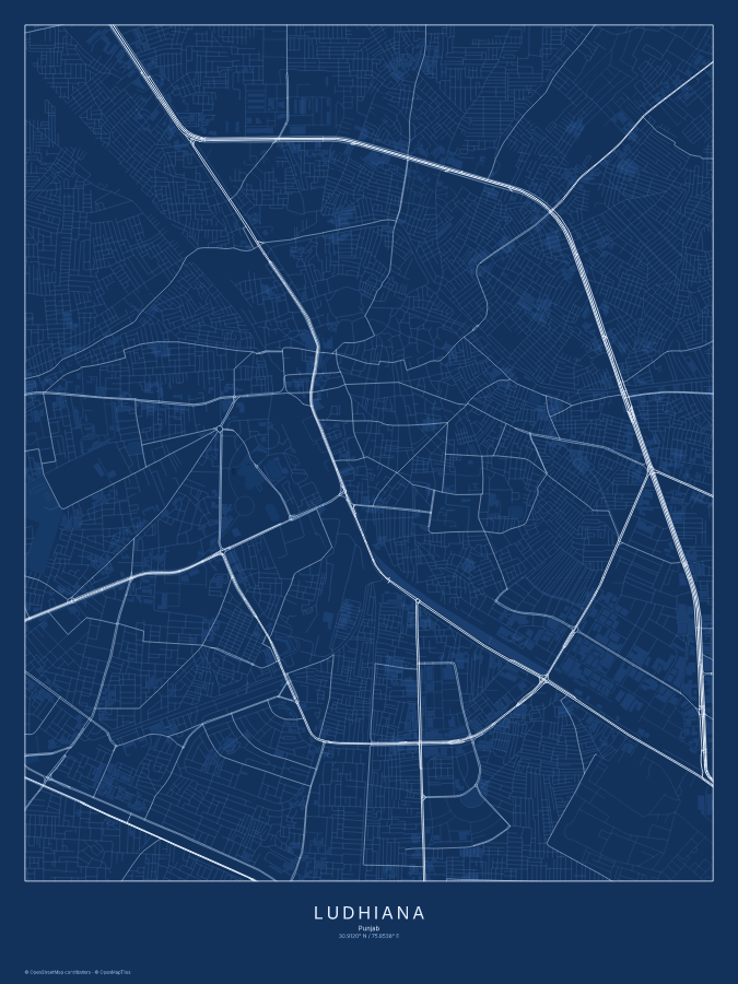 Ludhiana map poster, blueprint style
