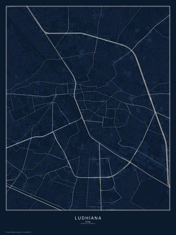 Ludhiana map poster, midnight style
