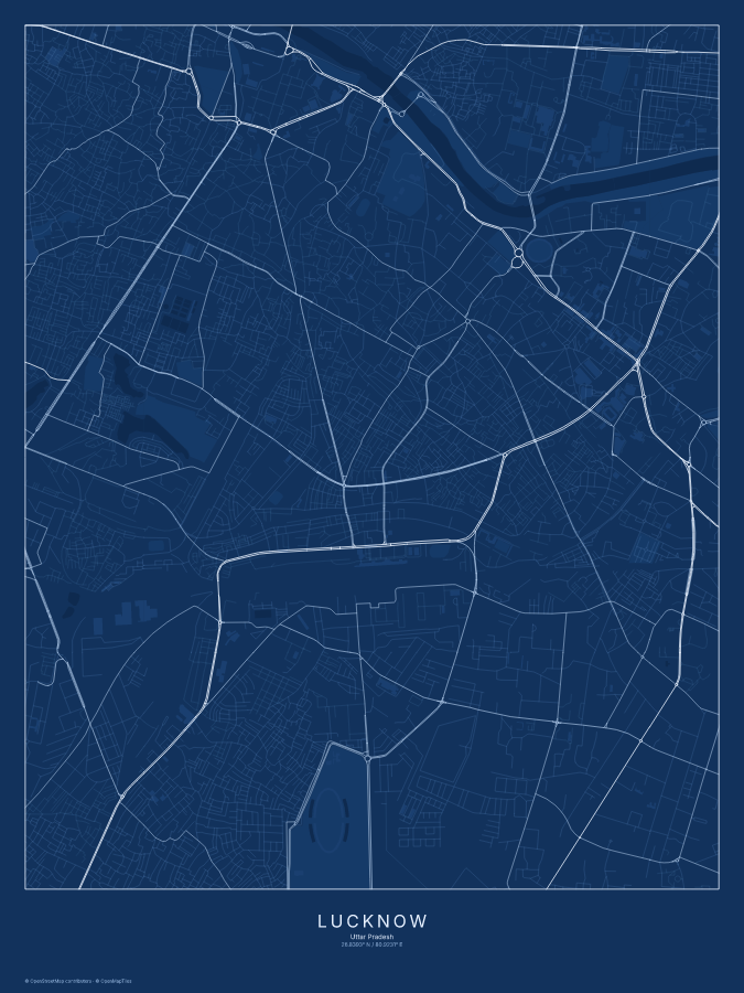 Lucknow map poster, blueprint style