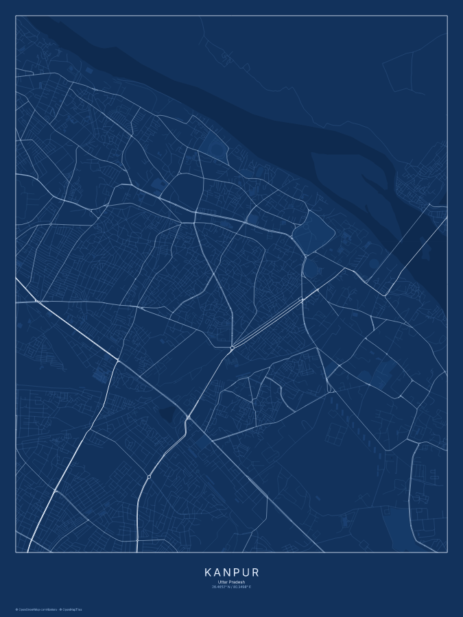 Kanpur map poster, blueprint style