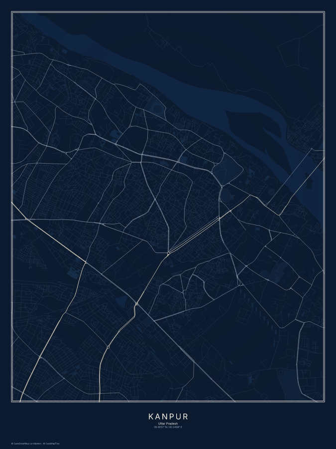 Kanpur map poster, midnight style