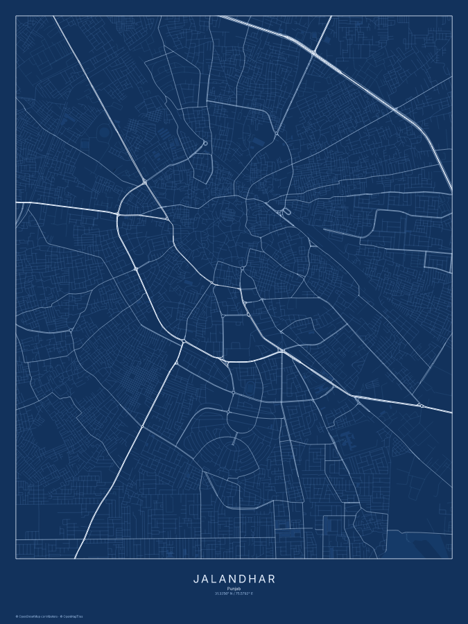 Jalandhar map poster, blueprint style