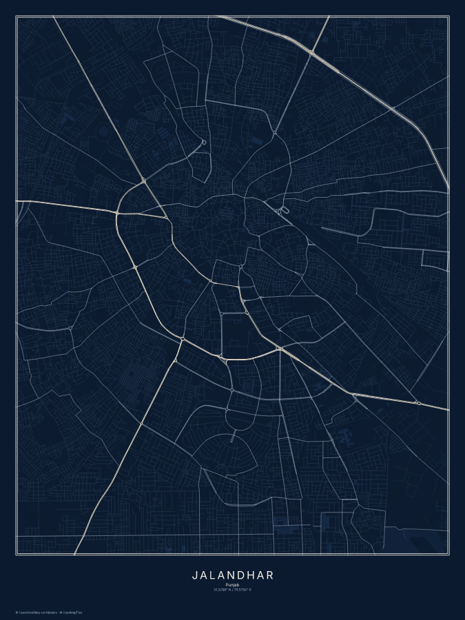 Jalandhar map poster, midnight style