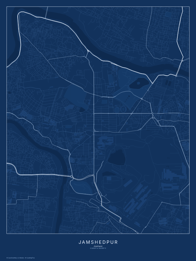 Jamshedpur map poster, blueprint style
