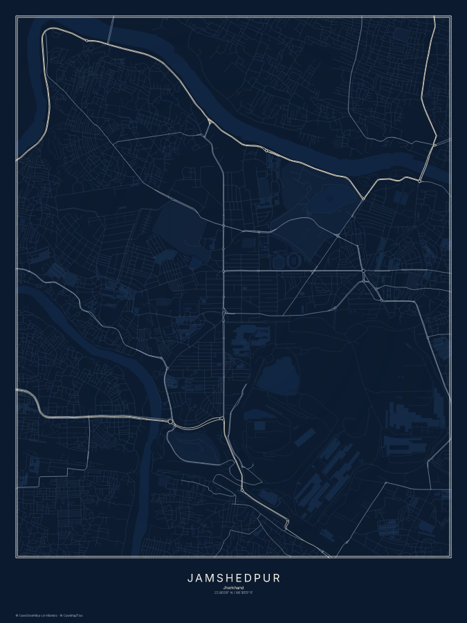 Jamshedpur map poster, midnight style