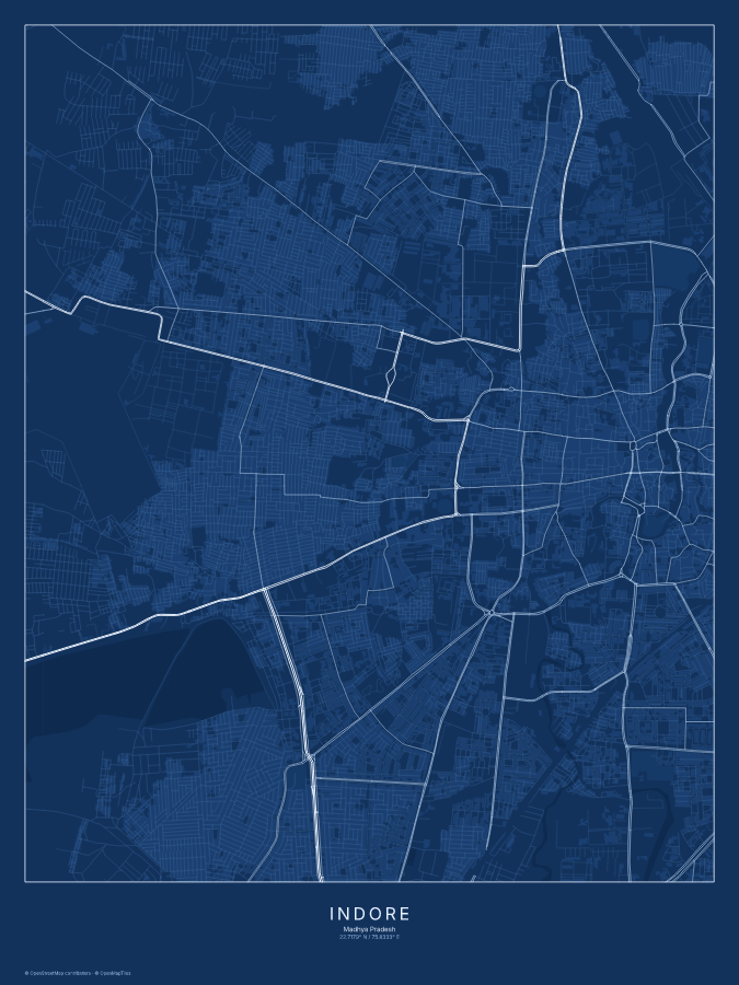 Indore map poster, blueprint style