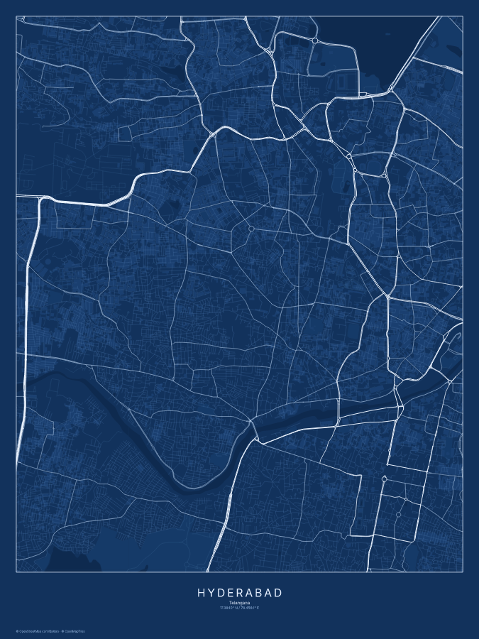 Hyderabad map poster, blueprint style
