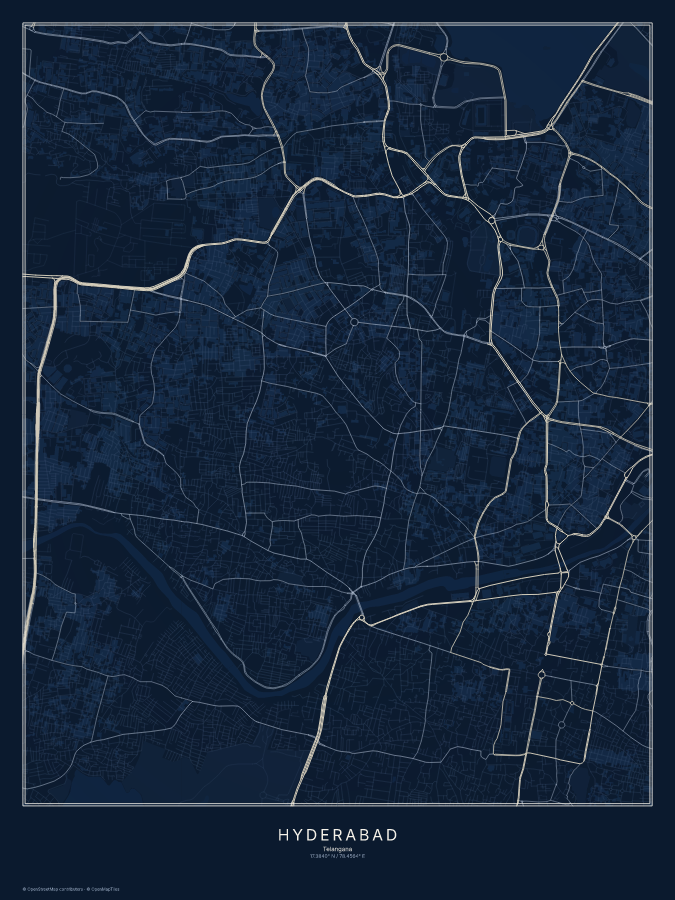 Hyderabad map poster, midnight style