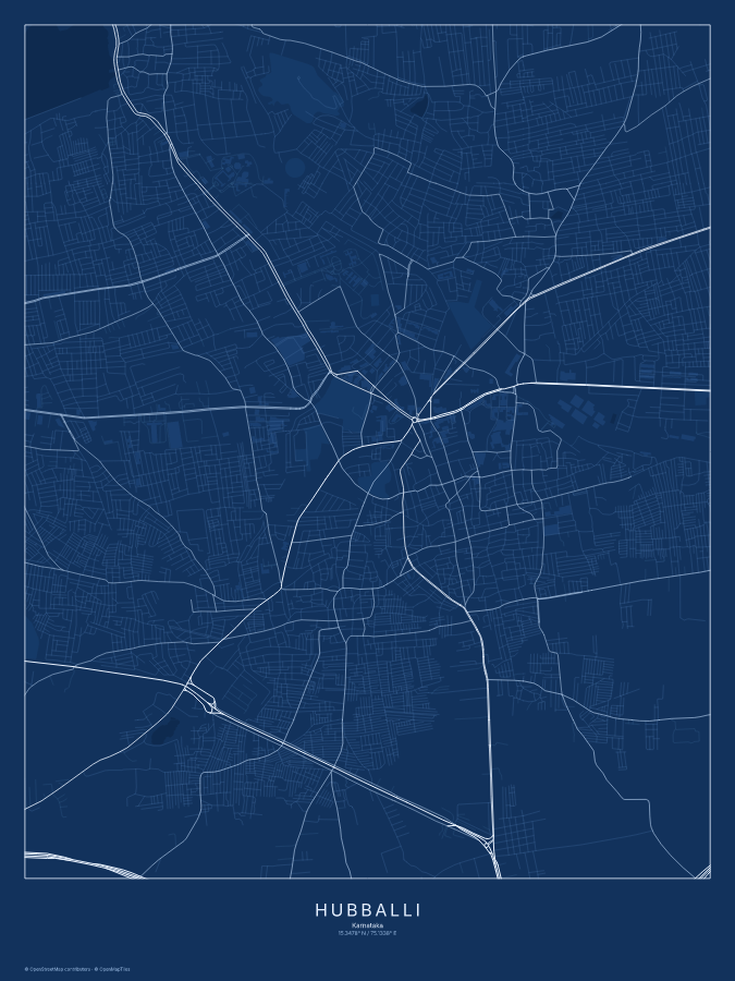 Hubballi map poster, blueprint style