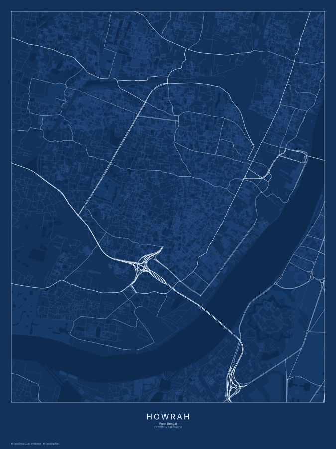 Howrah map poster, blueprint style