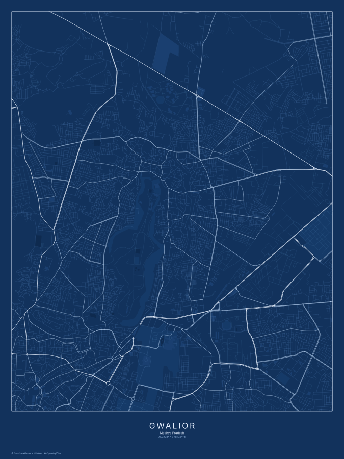 Gwalior map poster, blueprint style