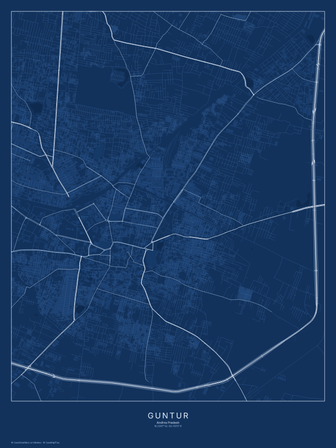 Guntur map poster, blueprint style