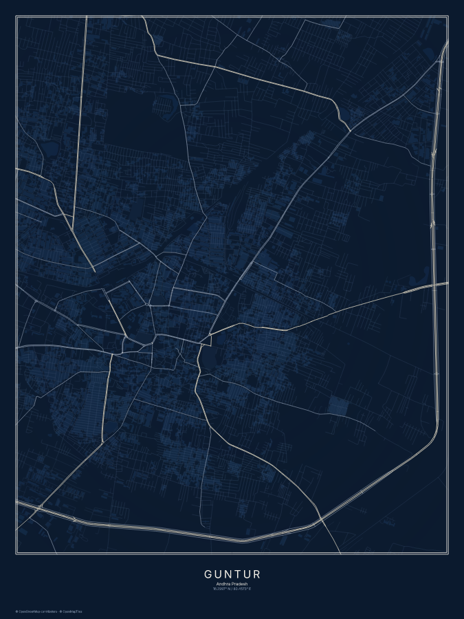 Guntur map poster, midnight style