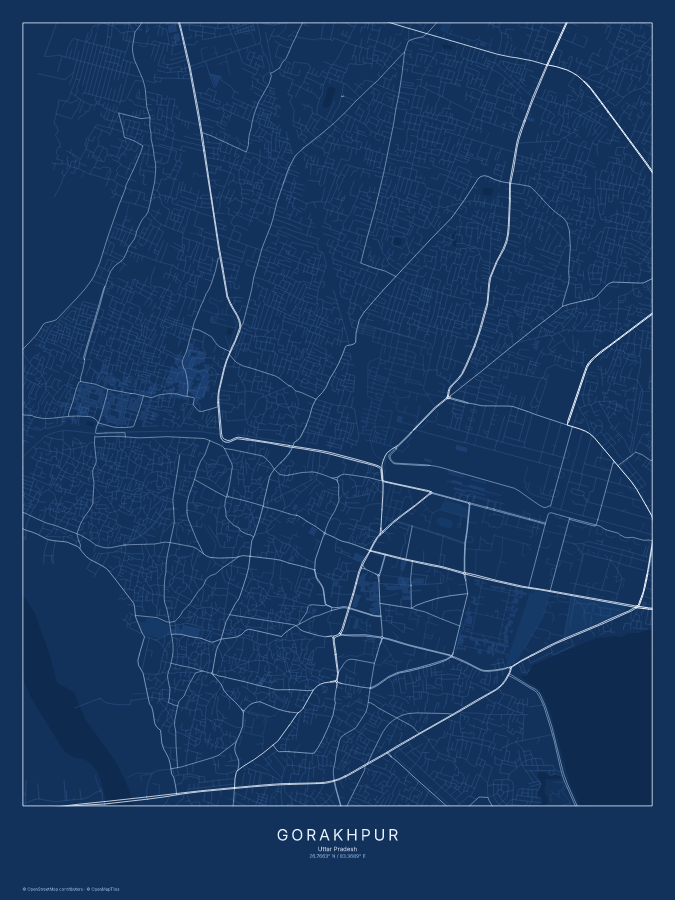 Gorakhpur map poster, blueprint style