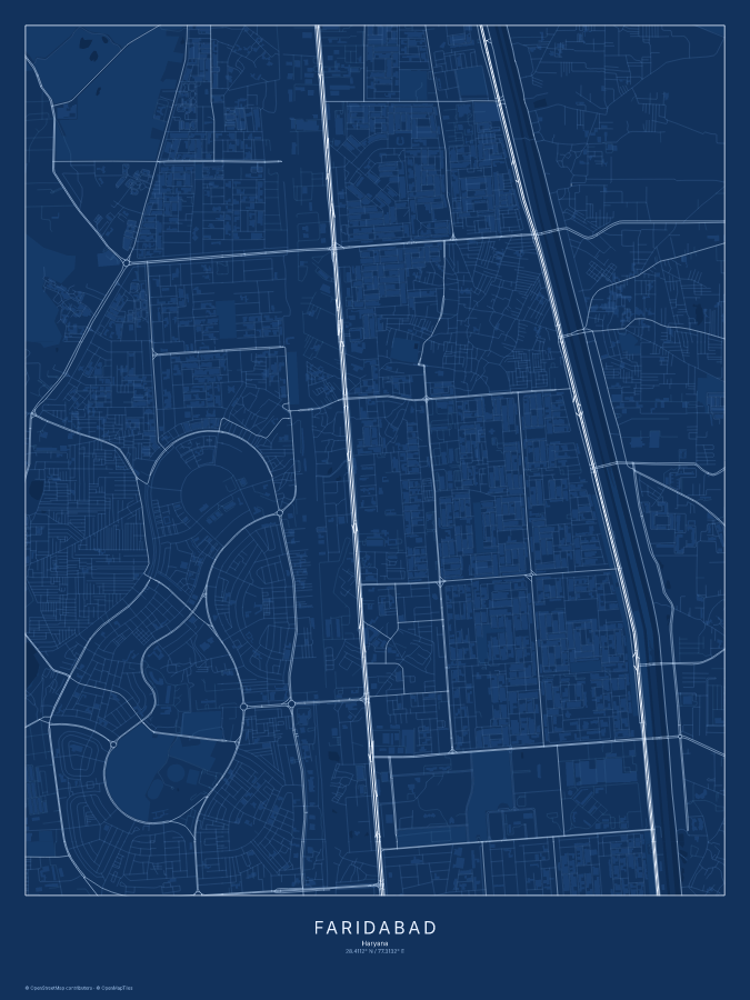 Faridabad map poster, blueprint style