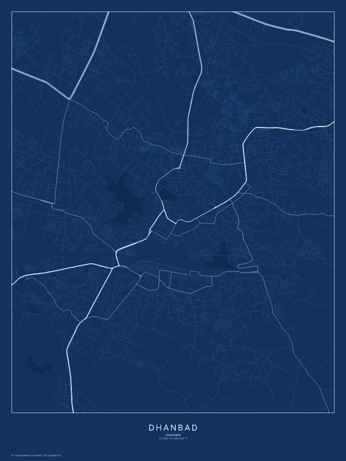 Dhanbad map poster, blueprint style