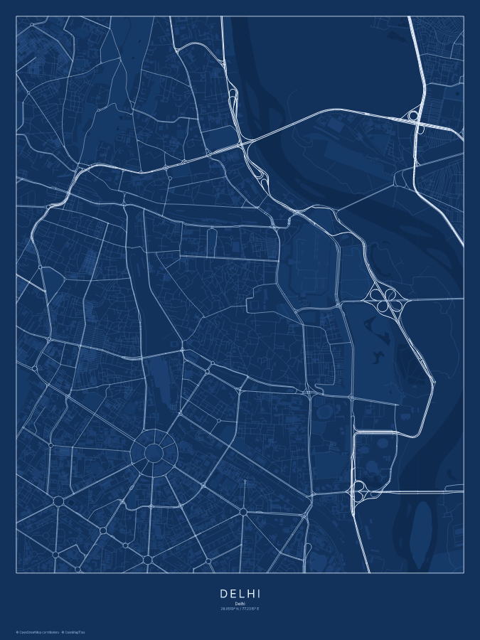 Delhi map poster, blueprint style