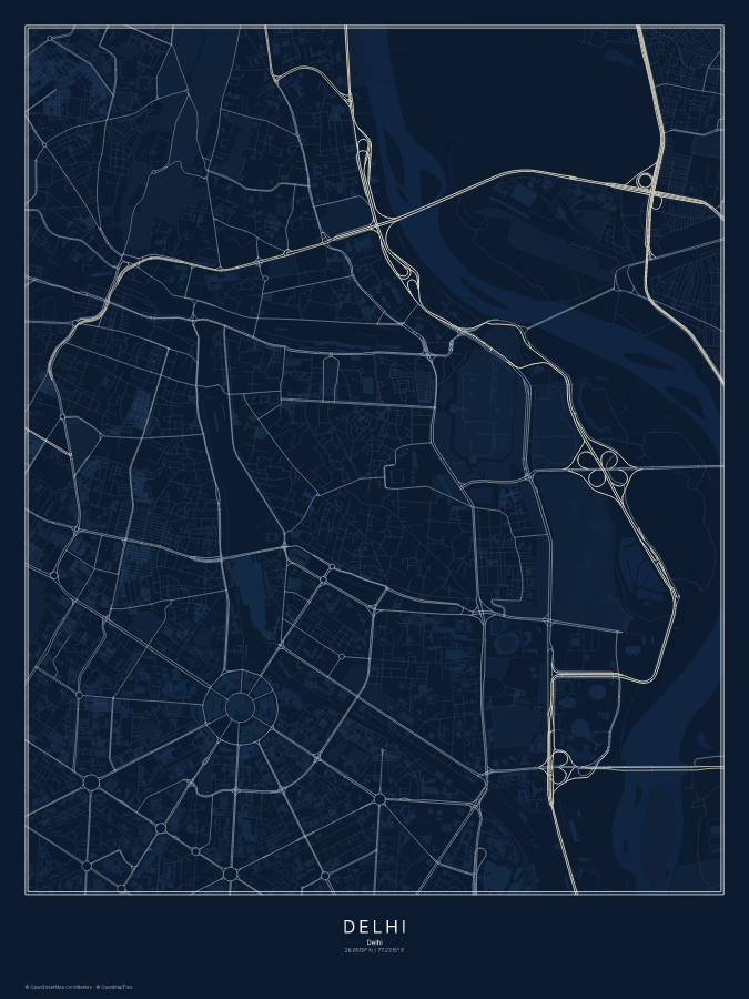 Delhi map poster, midnight style